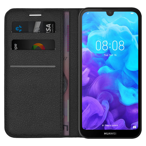 Leather Wallet Case & Card Holder Pouch for Huawei Y5 (2019) - Black